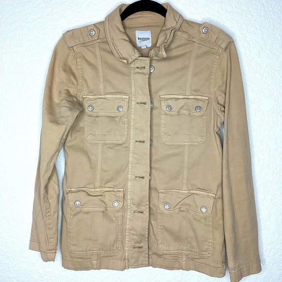 KENSIE JEANS SIZE S TAN BEIGE BROWN BLUE MILITARY UTILITY CARGO JACKET FALL WI… - Picture 1 of 10